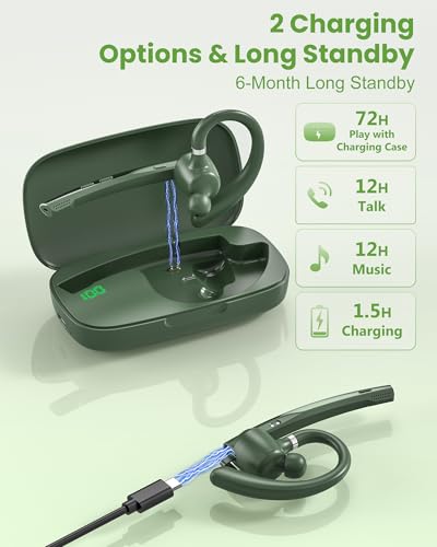 Bluetooth Headset,72H Work Single-Ear Wireless Earpiece for Cell Phone Call - color: Solid army green