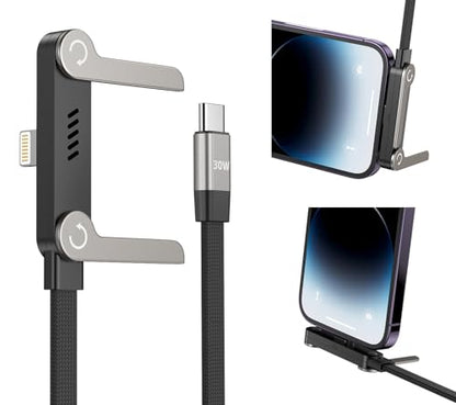 USB C to Lightning Cable with Stand, MFi Certified 2-in-1 Invisible Holder Charger Cable, 30W Lightning Flat Cable 90 Degree for iPhone 14-5/iPad, Sideways Phone Charger Cord for Gaming, Office, Home
