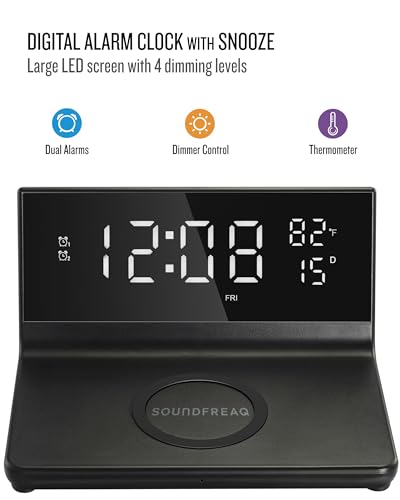Soundfreaq Charge Rise II, SFQ-20: Digital Alarm Clock, with Fast USB Charger and Wireless Charger (Black, Home) - color: Black
