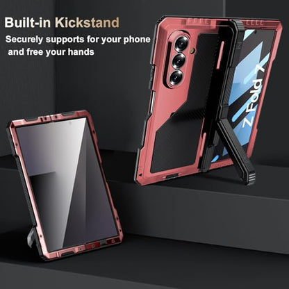 Rugged Armor Case for Samsung Galaxy Z Fold 7 5G, Military Grade Shockproof Protective with Kickstand, Built-in Screen Protector, Metal Bumper & Full Hinge Protection Cover, Red - color: Red