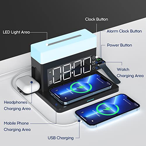 Wireless Charger,6 in 1 Wireless Charging Station with Digital Alarm Clock & Night Light,15W Fast Charger Compatible with iPhone 14/13/12/11/XS Samsung Galaxy AirPods & Apple Watch (Black)