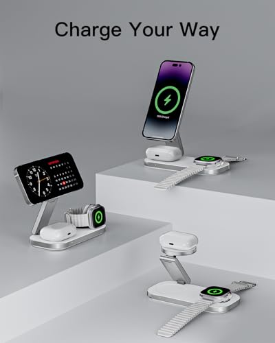 Keepro 3-in-1 Charging Station for Apple Device, Foldable Magnetic Wireless Fast Charger Stand Compatible with MagSafe for iPhone 18/17/16/15/14/13/12/Air/Duo Series, Apple Watch & AirPods-White - color: White