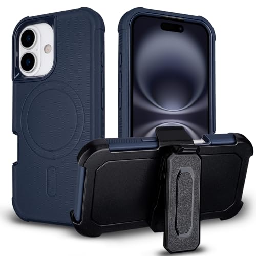 for iPhone 16 Case with Clip, Compatible with Magsafe, Blue | Anti-Drop, Anti-Fingerprint, 3 in 1 Heavy Duty Shockproof Protection, Military-Grade Cover for iPhone16 Case Rugged - color: Blue