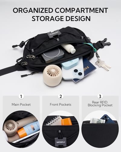 WATERFLY Small Fanny Pack RFID Blocking Travel Hiking Crossbody Waist Bag | Anti-theft design, Water resistant, Lockable zipper, Hidden rear pocket, Lightweight hip belt bag, EDC Running, Cycling, Gym - color: Black
