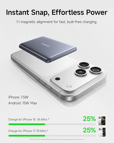 Baseus Picogo Power Bank, Smallest 7.5W MagSafe Portable Charger, 0.5" Ultra Slim 5000mAh Magnetic Battery Pack, Alloy Wireless Charger for iPhone 17 Pro Max/17 Air/16 Series