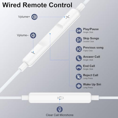 Wired Ear Buds Compatible for iPhone 14 Plus/14 Pro Max/13/12/11/XR/XS/X/8 - color: White