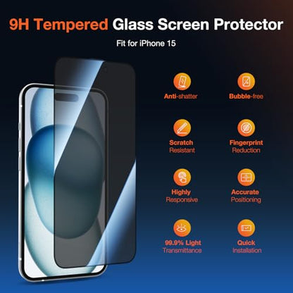 KUZOOM 2Pack Privacy 9H+ Tempered Glass Screen Protector for iPhone 15 - color: Black 15