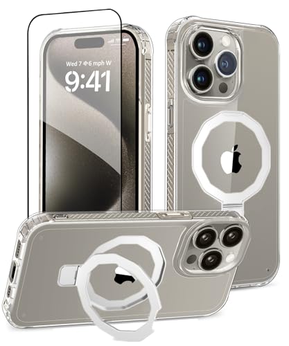 Magnetic for iPhone 15 Pro Case Built-in Seamless Stand, Clear | with Screen Protector + Camera Lens Protector, [Compatible with MagSafe] Protective Shockproof Slim Phone Case - color: Clear, size: iPhone 15 Pro 6.1"