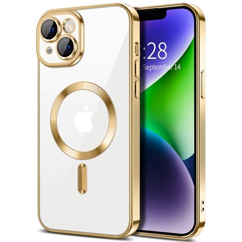 Hython Magnetic Clear for iPhone 14 Case with Camera Lens Protector [Compatible with MagSafe] Luxury Plating Edge Slim Soft TPU Cover Protective Phone Case for iPhone 14 6.1", Gold - color: Gold, size: Iphone 14 - 6.1 Inch