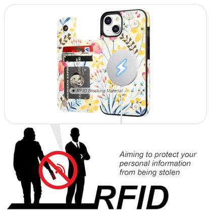 HAOPINSH for iPhone 14 Case Wallet Compatible with MagSafe Wireless Charging, Floral Flower Pattern Back Flip Folio RFID Blocking Leather Kickstand Card Slots Case Double Magnetic Clasp Cover 6.1" - color: Floral Flower MagSafe