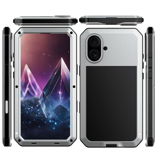 for iPhone 16 Metal Case 6.1",Heavy Duty Shockproof Aluminum Alloy [Tough Armour] Military Grade Phone Case,360 Full Body Protective Cover with Silicone Built-in Screen Protector (Silver) - color: Silver