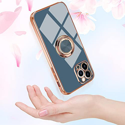 Compatible with iPhone 13 Rose Gold Case for Women Girls - Kickstand Ring Holder 360 TPU Rotation with Stand, Glitter Plating Edge, Magnetic Mount - Slim Luxury Girly Cover Gray - color: Gray, size: iPhone 13