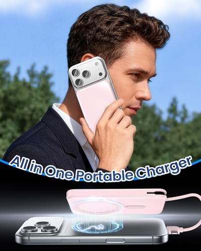 10000mAh Portable Charger, 20W Fast Charging, Built-in Cables with Handle | Charge from 20% to 85% in 30 Mins, 30% Smaller, magnetic grip, Stays Cool, LED Display, for iPhone, Samsung, Android Phones - color: 04.Pink