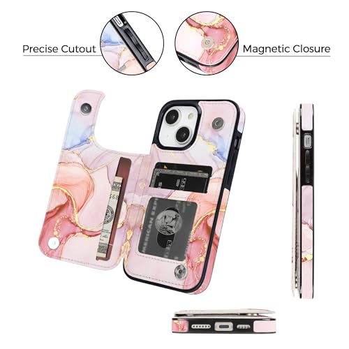 uCOLOR for iPhone 13/14 Wallet Case with Card Holder | PU Leather RFID Blocking for Women Men Magnetic Clasp Kickstand,Pink Purple Marble - color: Pink Purple Marble