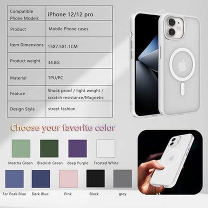 Magnetic iPhone 12/12Pro case,Compatible with Magsafe, Military-Grade Protection,Slim Translucent Matte Shockproof with Anti-Scratch Anti-Fingerprint Phone Cover (Frosted white, iPhone 12/12Pro) - color: Frosted White, size: iPhone 12/12Pro