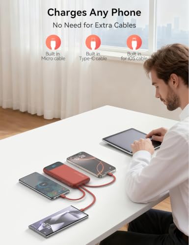 Nusyddy Portable Charger 10000mAh with 4 Built-in Cables & 6 Outputs Red - color: Red