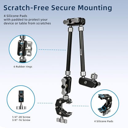 GEEKOTO 22" Magic Arm, Overhead Phone Mount with 360Dual Ball Head, CNC Aluminum Desk Camera Mount for Photography & Content Creation, Camera, Phone Holder,Filming, Action Camera, LED Light, Webcam - style: Desk Clip&Phone Clip