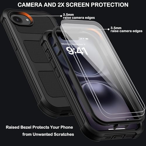 for iPhone 16e Case with Belt Clip Holster,iPhone 17e Case w/Screen Protector X2,Heavy Duty Shockproof Drop Protection Military Grade 2-Layers Rugged Durable Phone Cover for Apple 16e 17e (Black) - color: w-Black