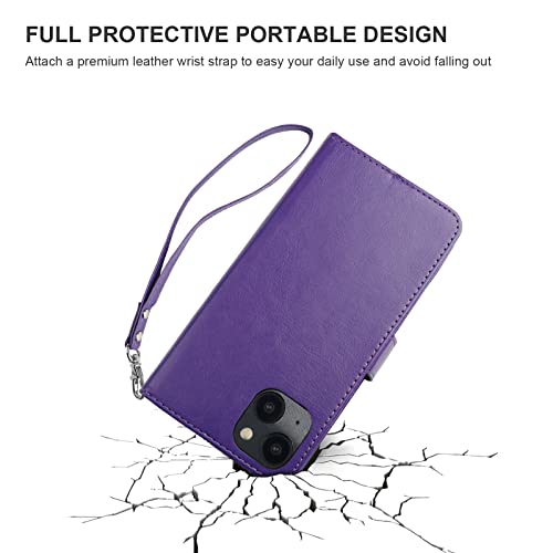 Bocasal Detachable Wallet Case Card Holder for iPhone 14, Purple | RFID Blocking Kickstand Card Slots Holder PU Leather Magnetic Shockproof Wrist Strap Removable Flip Protective Cover 6.1 inch - color: Purple