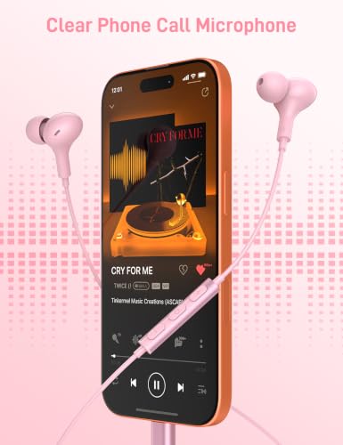 USB C Headphones for Apple/iPhone Duo 18 17 16 15 Wired Earbuds with Case - color: Pink