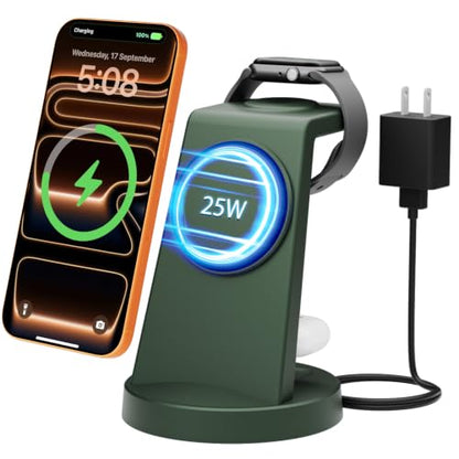 25W MagSafe Charging Station, 3-in-1 Magnetic Wireless Charger for Apple - color: Forest Green