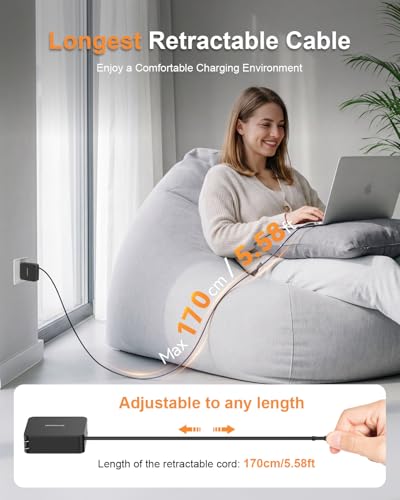 SUPERONE 65W Retractable Phone Charger, USB C Fast Laptop Charger, 5 in 1 - color: Jet Black