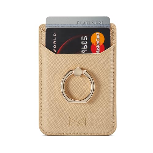Card Holder Sleeve with Ring, RFID Credit Wallet PU Leather Stick On Back Grip for iPhone Samsung Smartphone - Gold - color: Gold