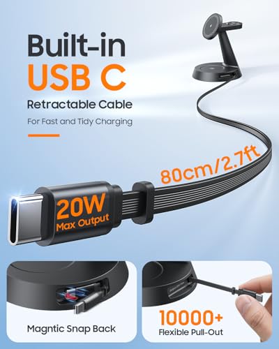 Meifigno 4 in 1 Wireless Charger with 20W Retractable Cable for iPhone Duo