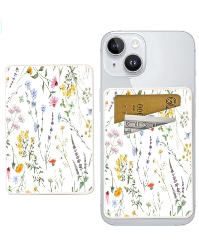 ADBOR Leather Phone Card Holder, Dual Pocket Phone Wallet Stick On, Cute Card Holder, Credit Card Holder Boho Flowers Leaf