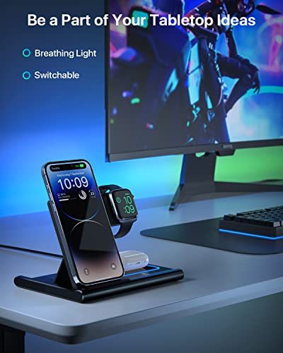EXW [2024 Upgraded] Charging Station, Charging Station for Apple Devices, Wireless Charger for iPhone 16 15 14 13 12 11 Pro Max XR XS 8, Apple Watch and AirPods(Adapter Not Included)(Rock Black)