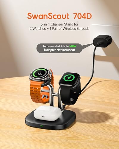 SwanScout Dual Watch Charger Stand, The Left Side Only for Samsung Watch 8/8 Classic/Ultra/7/6/6 Classic/5 Pro/5/4, The Right Side Only for Apple Watch 11/9/8/7/6/Ultra 3/SE 3, SwanScout 704D (Black)