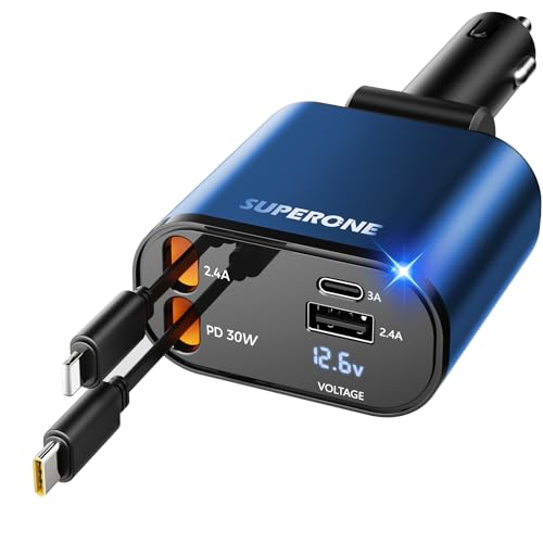 [Upgraded] SUPERONE Retractable Car Charger 4 in 1 Fast Phone Charger - color: Blue