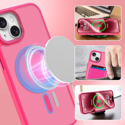 Magnetic Designed for iPhone 14 Case 6.1" 2022, Hot Pink | [Compatible with Magsafe] [with Wallet & Card Holder] [Military Drop Protection] Slim Translucent Matte Phone Case - color: Hot Pink, size: iPhone 14