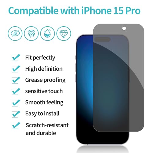 PEHAEL for iPhone 15 Pro Privacy Screen Protector+Camera Lens Protector