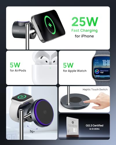 SODI Qi2 25W Wireless Charger, 3 in 1 Charging Station with Cooling Fan, Magnetic Qi2.2 Wireless Charger Stand for iPhone 17/16/S26 Ultra/Pixel 10, Apple Watch, AirPods (45W GaN Adapter Included)
