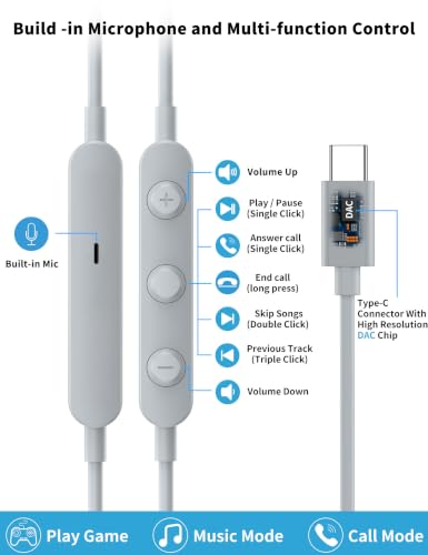 USB C Headphone for Samsung S26 S25 FE S24 A16 A17 Z Wired Earbuds Magnetic - color: Grey
