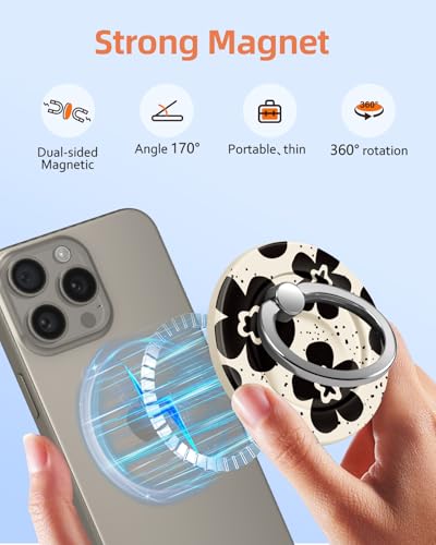 Toycamp Magnetic Phone Grip - Compatible with MagSafe Phone Grip Ring Stand for iPhone 17/16/15/14/13/12 Series Monochrome Flower Cute Phone Ring Holder Grip for Women Girls Girly - color: Monochrome Flower