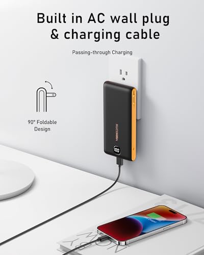 VEEKTOMX 10000mAh Portable Charger with Built-in Cables & Wall Plug - color: Dark Gray-Yellow