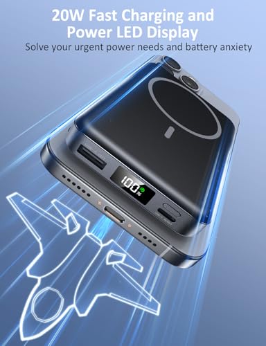 Magnetic Portable Charger 10000mAh, 20W Power Bank with Built in Cable | 20W Fast Charging for Magsafe Battery Pack with LED Display, Travel Essential for iPhone 17/16/15/14/13/12 Pro/Pro Max-Black - color: Black