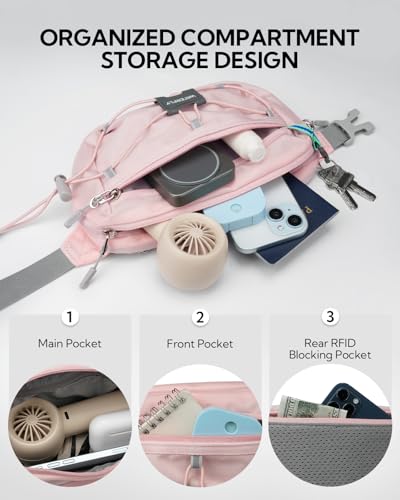 WATERFLY Small Fanny Pack RFID Blocking Travel Hiking Crossbody Waist Bag | Anti-theft design, Water resistant, Lockable zipper, Hidden rear pocket, Lightweight hip belt bag, EDC Running, Cycling, Gym - color: Pink