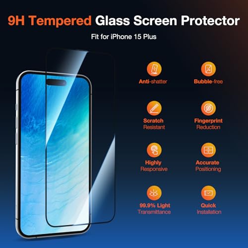 KUZOOM 2Pack HD 9H+ Tempered Glass Screen Protector for iPhone 15 Plus - color: Transparent 15Plus