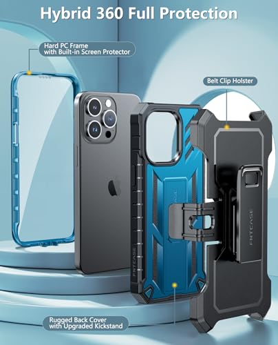 FNTCASE for iPhone 15-Pro-Max Phone Case 6.7", Built-in Screen Protector & Kickstand & Belt-Clip Heavy Duty Military Grade Shockproof Protection Rugged Case - Blue | Built-in Screen Protector, Military-Grade Drop Protection, Heavy Duty Shockproof Holster