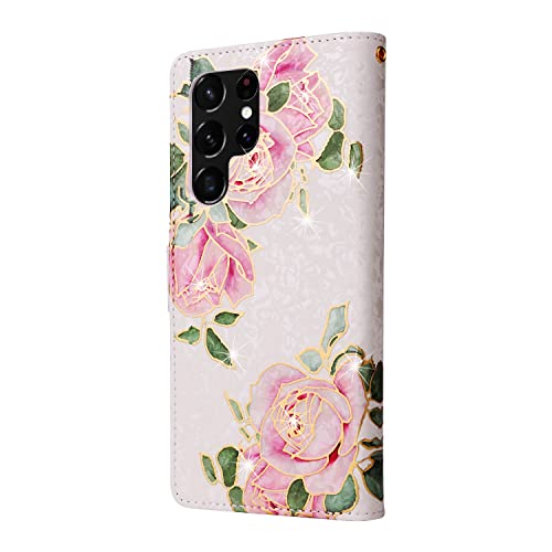 UEEBAI Wallet Case for Samsung Galaxy S22 Ultra 5G, PU Leather Kickstand RFID Blocking Flip With Card Slots, Wrist Strap, Relief Engraved Pattern, Magnetic Closure - White Rose Flower Folio - color: White Rose, size: Samsung Galaxy S22 Ultra 5G