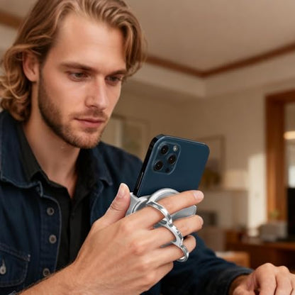 Double-Ring Three-Finger Back Clip Holder 360-Degree Rotating Mobile Grip Multipurpose Foldable Phone Grip Holder - color: Silver