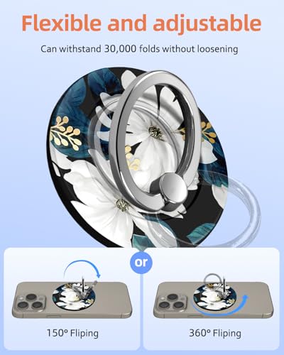 Toycamp Magnetic Phone Grip - Compatible with MagSafe Phone Grip Ring Stand for iPhone 17/16/15/14/13/12 Series White Floral Flower Cute Phone Ring Holder Grip for Women Girls Girly - color: White Flower