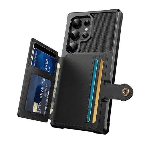 for Samsung Galaxy S24 Ultra Case with Card Holder, Compatible with Magnetic Car Mount, Heavy Duty Shockproof Rugged Soft TPU Back Leather Flip Wallet Cover 6.8 inch, Black | Compatible with Magnetic Car Mount, Shockproof Rugged Soft TPU Hard Back Leather