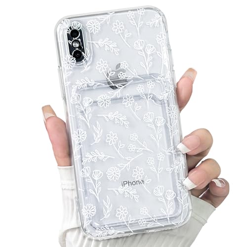 NITITOP Compatible with iPhone X/XS Case Clear with Card Holder Cute Flower Floral Leave Pattern for Women Girl Soft TPU Shock-Absorbing Wallet Case Protective Phone Cover - White - color: White, size: iPhone X / XS