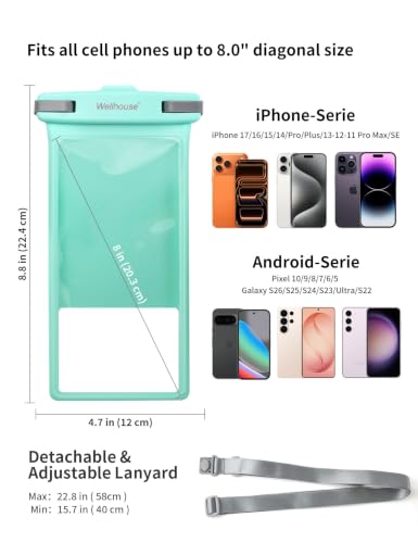 wellhouse Waterproof Phone Pouch, Waterproof Phone Case for iPhone 17 16 15 14 13 Pro Max XS Samsung, IPX8 3D Cellphone Dry Bag Beach Essentials (1 Pack - Crystal Green8.0, 8 inch) - color: 1 Pack - Crystal Green8.0"