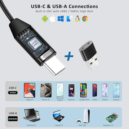 USB C & A Wired Earbuds with Boom Mic for Phone & PC, Ideal for Call & Work