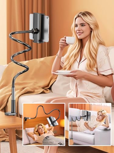 Cell Phone Bed Stand Holder, 360 Adjustable Clamp Clip, Cell Phone Holder, with Grip Flexible Long Arm Bracket Mount Clamp, for Desk, Compatible with iPhone 14 Pro Max or Other 3.5-7" Devices (Black)